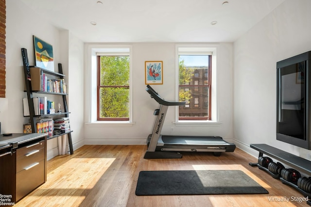 exercise room featuring light hardwood / wood-style floors and a wealth of natural light