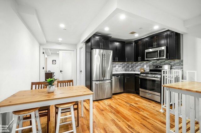 kitchen with decorative backsplash, light hardwood / wood-style flooring, and appliances with stainless steel finishes