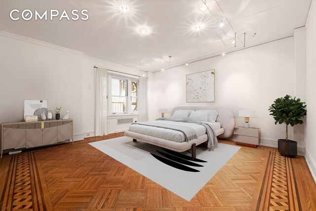 bedroom featuring parquet flooring and ornamental molding