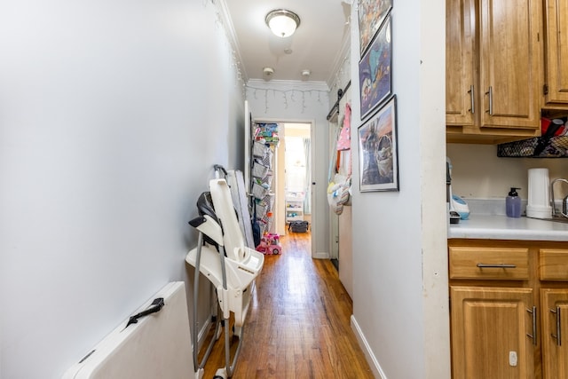 hallway featuring ornamental molding and dark hardwood / wood-style floors