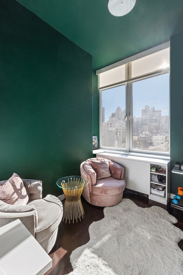 sitting room featuring wood finished floors and a view of city