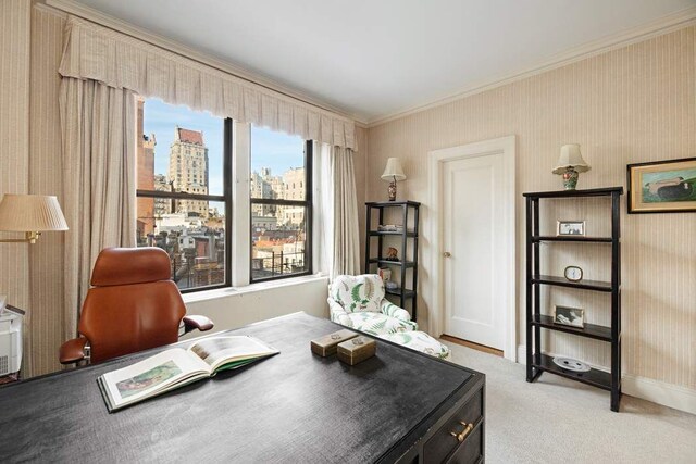 sitting room with ornamental molding and carpet floors