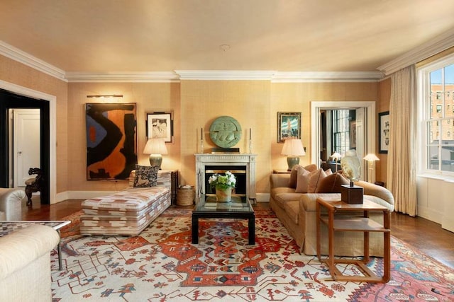 living room with ornamental molding