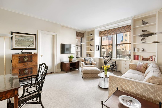 carpeted living room featuring crown molding and built in shelves