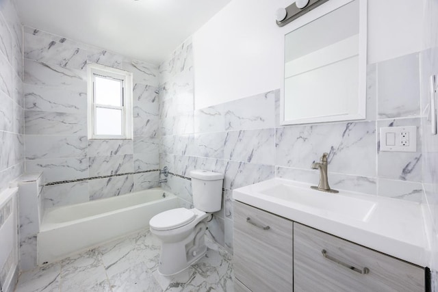 full bathroom featuring vanity, shower / bathtub combination, tile walls, and toilet