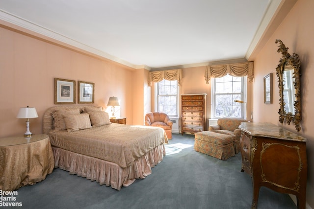 carpeted bedroom featuring ornamental molding