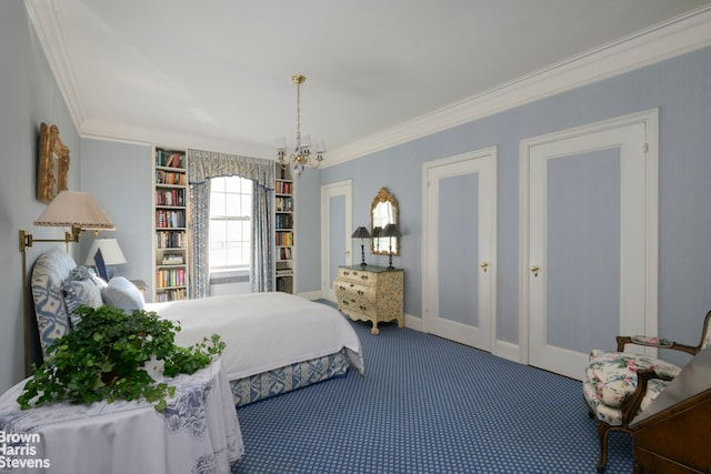 carpeted bedroom featuring crown molding and a chandelier