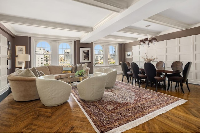 living room featuring crown molding, a notable chandelier, beam ceiling, and dark parquet floors