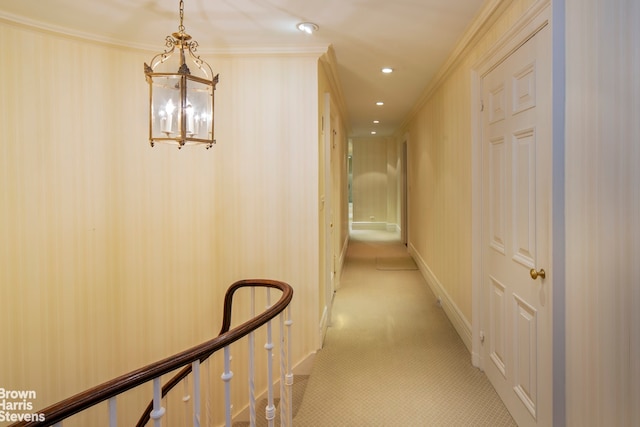 hall featuring light colored carpet