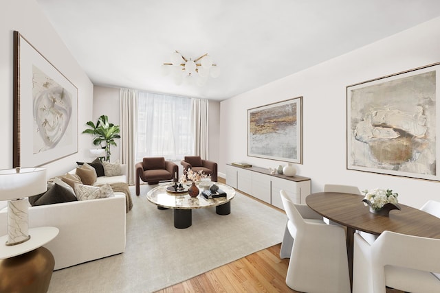 living room featuring a notable chandelier and light wood-style flooring