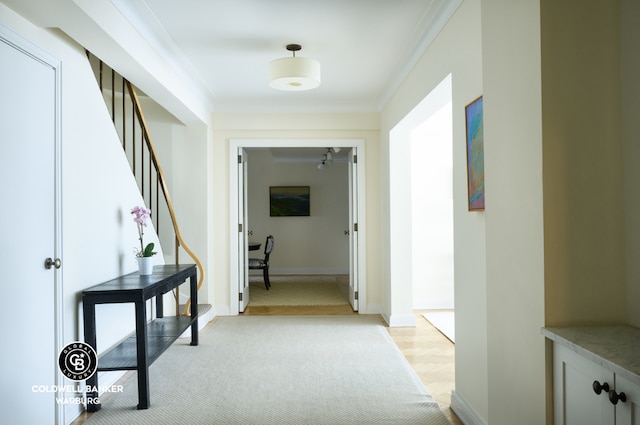 corridor featuring crown molding and light hardwood / wood-style floors