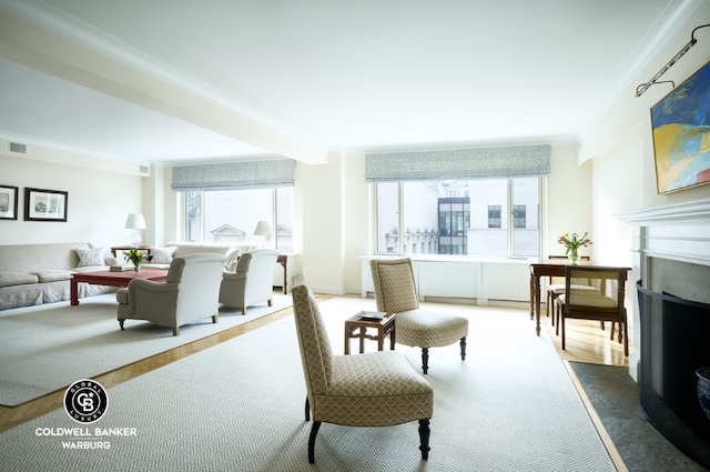 living area featuring a healthy amount of sunlight and beam ceiling