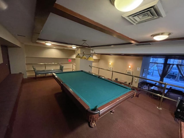 playroom with dark colored carpet, pool table, and beam ceiling