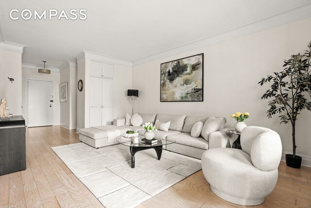 living room with crown molding and light hardwood / wood-style floors