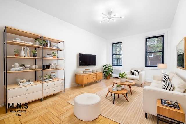 living room featuring light parquet flooring and lofted ceiling