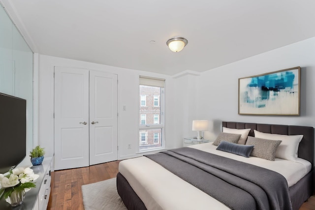 bedroom with a closet and hardwood / wood-style floors