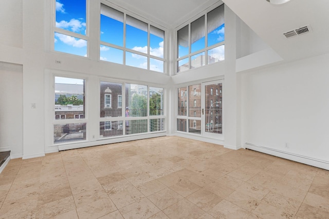 unfurnished living room with visible vents, a healthy amount of sunlight, and a baseboard heating unit