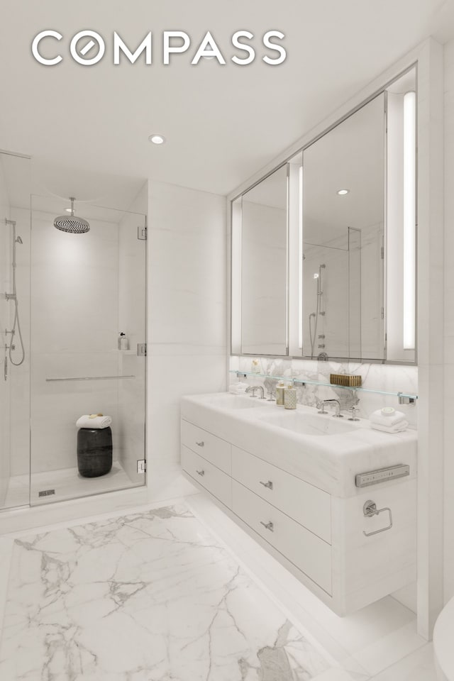 full bath featuring recessed lighting, marble finish floor, a shower stall, and vanity