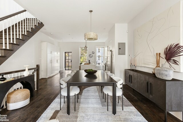 dining space featuring electric panel and dark hardwood / wood-style floors