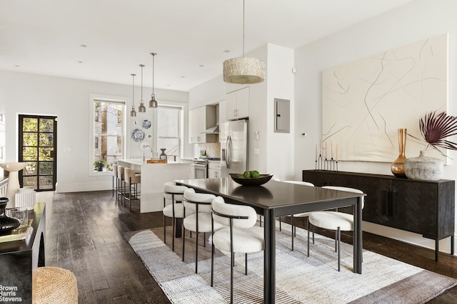 dining room with dark wood-style floors, electric panel, and baseboards