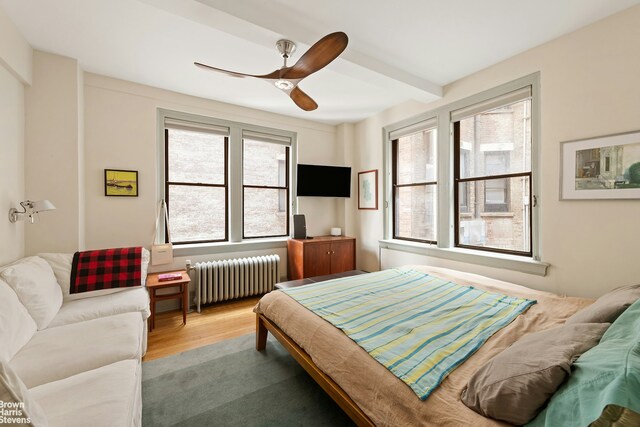 bedroom with multiple windows, radiator, ceiling fan, and light wood-type flooring