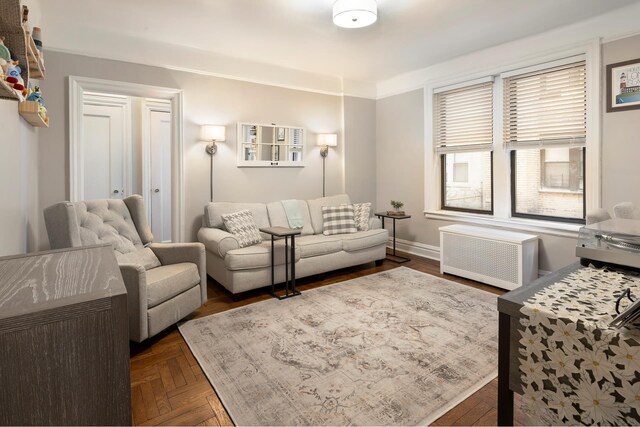 living room with radiator and dark parquet floors