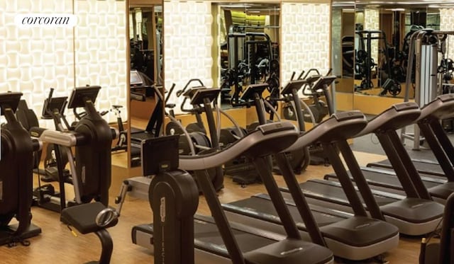 gym with light hardwood / wood-style floors