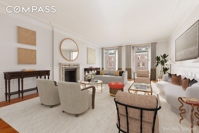 447 E 57th St Unit 14, New York City, NY 10022 - living area with a fireplace, ornamental molding, and wood finished floors
