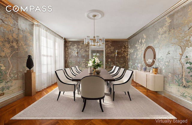 dining space with a chandelier, wallpapered walls, and crown molding