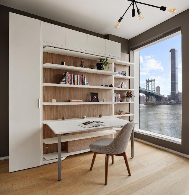 bedroom with a water view, a chandelier, light hardwood / wood-style floors, and a closet