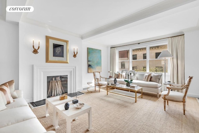 living room with crown molding