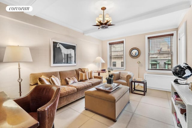 living room featuring a chandelier, visible vents, and light tile patterned flooring