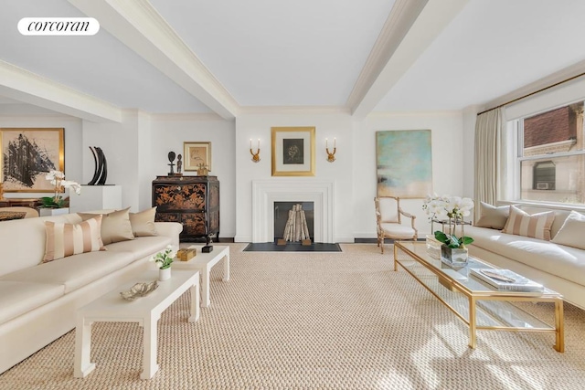 carpeted living area featuring a fireplace with flush hearth, visible vents, and baseboards