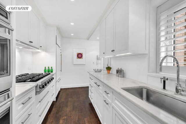 kitchen featuring dark wood-style floors, appliances with stainless steel finishes, a sink, and white cabinetry