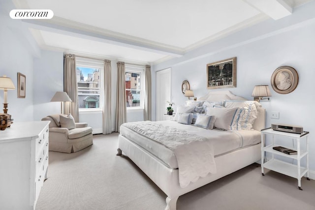 bedroom with beam ceiling, visible vents, crown molding, and carpet flooring