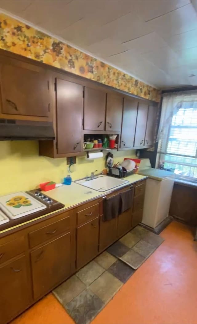 kitchen with under cabinet range hood, light countertops, and a sink