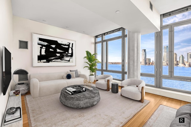 living area with wood finished floors, a wall of windows, a water view, and a view of skyline