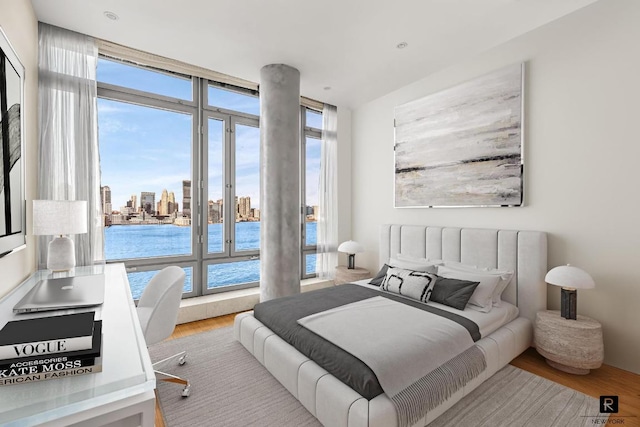 bedroom featuring a water view, multiple windows, and light hardwood / wood-style flooring