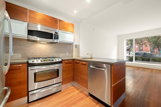 kitchen with light wood finished floors, appliances with stainless steel finishes, a peninsula, and a sink