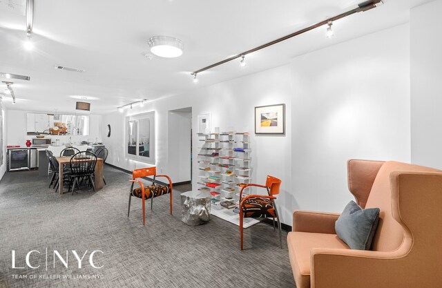 interior space featuring carpet, visible vents, and track lighting