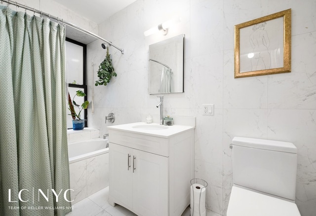 bathroom with curtained shower, toilet, vanity, marble finish floor, and a tub with marble appearance