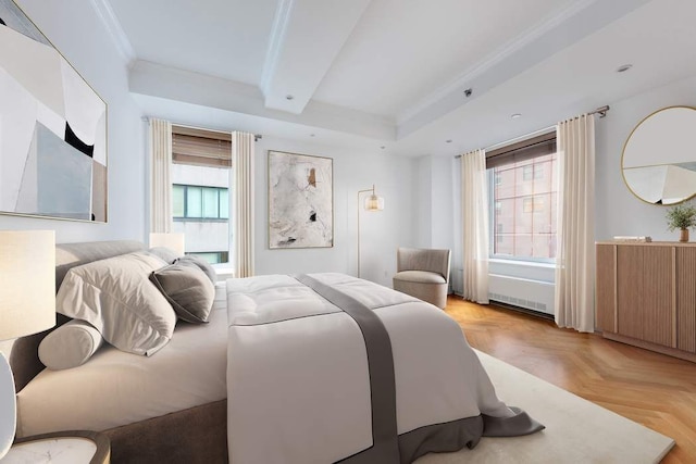 bedroom featuring ornamental molding, beam ceiling, multiple windows, and light parquet floors