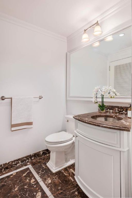 bathroom with ornamental molding, toilet, and vanity