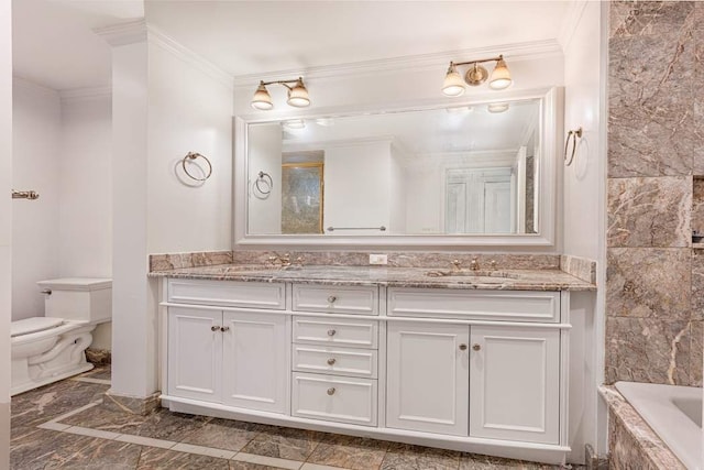 bathroom featuring vanity, a relaxing tiled tub, ornamental molding, and toilet