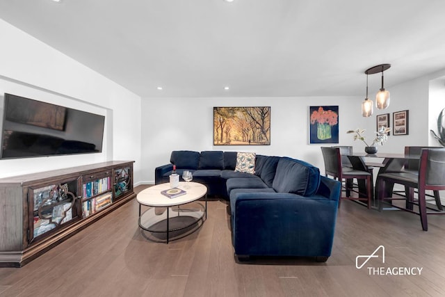 living room with dark hardwood / wood-style flooring