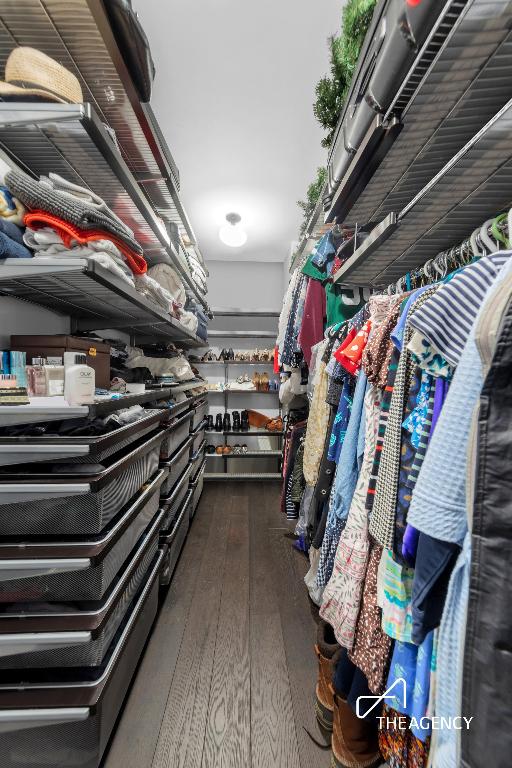 spacious closet with dark wood-style floors