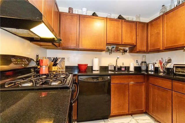 kitchen with brown cabinets, a sink, dark stone countertops, under cabinet range hood, and black appliances