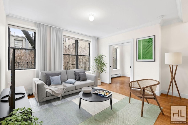 living room with a baseboard heating unit, baseboards, light wood-style floors, and crown molding