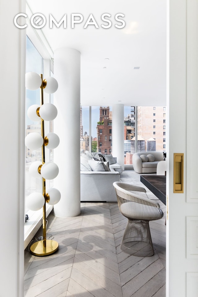 hallway with a city view