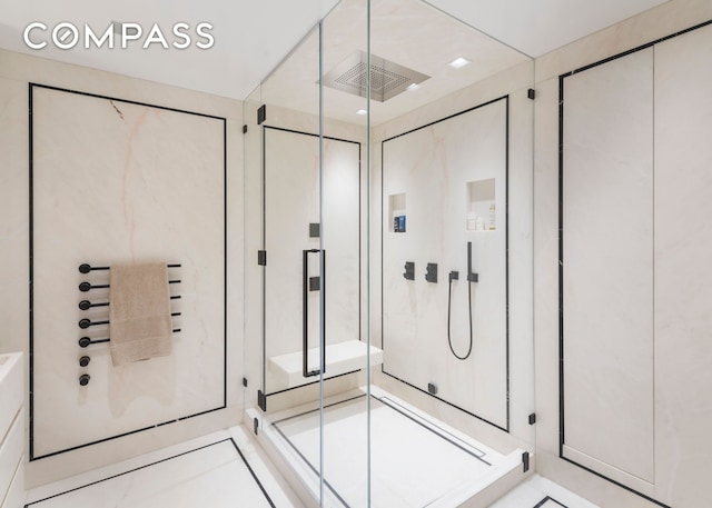 full bath with a shower stall and visible vents